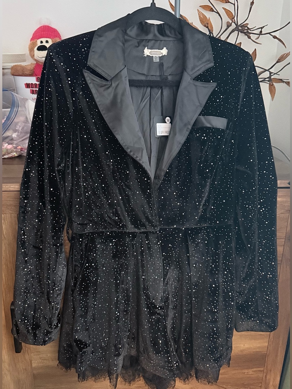 Black Velvet Sparkle Romper with Satin Trim